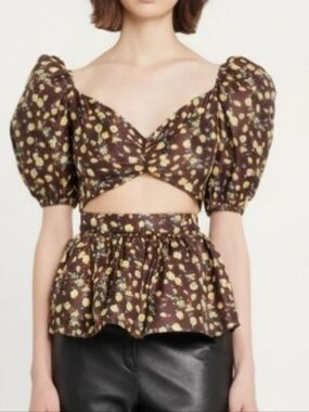 Autumn Adeigbo Womens Bridgette Blouse Sz 2 Floral Cut Out Peplum Sweetheart